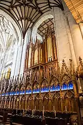 Choir stalls canopy, organ, tower arch and fan vault