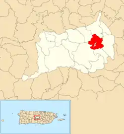 Location of Orocovis within the municipality of Orocovis shown in red