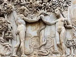 Adam and Eve Sculpture on facade of Orvieto Cathedral by Lorenzo Maitani, (begun 1310)