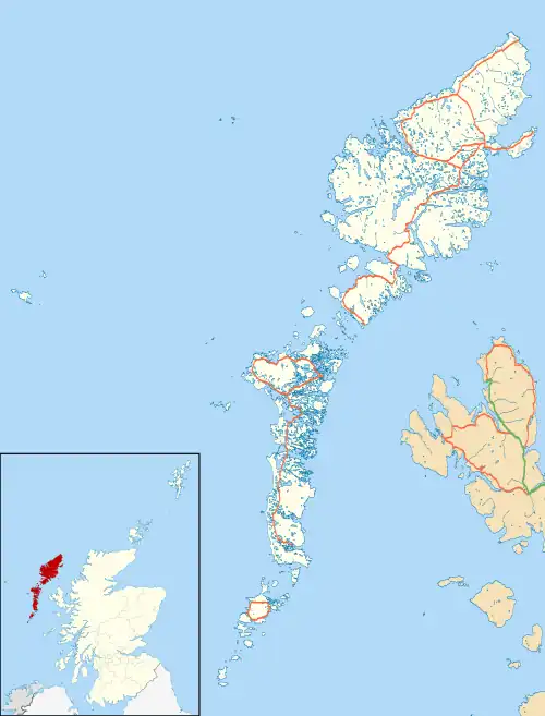 A map of the chain of islands that form the Outer Hebrides with the largest island of Lewis to the north. The Butt of Lewis lies at the northern tip of this island.