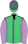 Emerald green, purple seams, mauve sleeves, emerald green and purple hooped cap