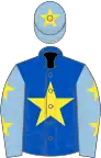 Royal blue, yellow star, light blue sleeves, yellow stars, light blue cap, yellow star