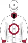 white, maroon circle and collar, maroon cuffs