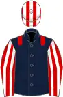 Dark blue, red epaulettes, red and white striped sleeves, red and white striped cap