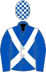 Royal blue, white cross sashes, check cap