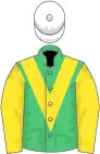 Emerald green, yellow chevron and sleeves, white cap