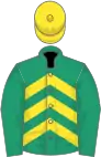 Emerald green, yellow chevrons on body, yellow cap