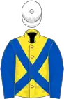 Yellow, Blue cross belts and sleeves, White cap