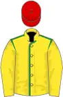 Yellow, green seams on body red cap