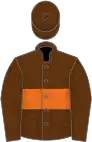 Brown, orange hoop, brown sleeves, brown cap