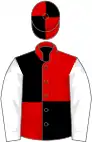 Red and black (quartered), white sleeves, red and black quartered cap