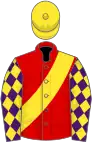 Red, yellow sash, purple sleeves, yellow diamond, yellow cap