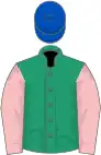 Emerald green, pink sleeves, royal blue cap