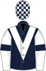 Dark blue, white chevron, white sleeves, dark blue armlets, white cap, dark blue checked