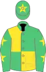 Emerald green and yellow (quartered), emerald green sleeves, yellow stars, emerald green cap, yellow star