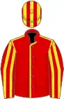 Red, yellow seams, striped sleeves and cap