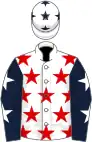 White, red stars, dark blue sleeves, white stars, white cap, dark blue stars