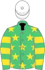 Emerald green, yellow stars, hooped sleeves, white cap