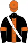 Black, orange stripe and armlets, white sash, orange cap