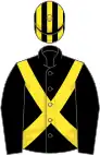 Black, yellow cross sashes, striped cap