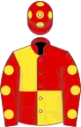 Red and yellow (quartered), red sleeves, yellow spots, red cap, yellow spots