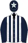 Dark blue and white stripes, dark blue sleeves, dark blue cap, white star