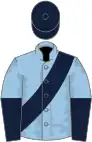 Light blue, dark blue sash, halved sleeves, dark blue cap