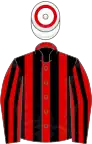 Red and black stripes, white cap, red hoop