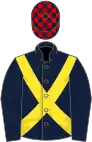 Dark blue, yellow cross belts, dark blue and red check cap