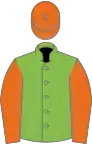 Light green, orange sleeves and cap