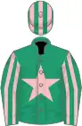 Emerald green, pink star, striped sleeves and cap