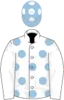 White, Light Blue spots, White sleeves, Light Blue cap, White spots