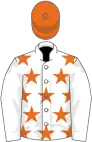 White, orange stars on body, orange cap