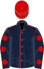 Dark blue, red seams, dark blue sleeves, red spots, red cap