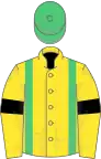 Yellow, emerald green braces, yellow sleeves, black armlets, emerald green cap