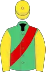 Emerald Green, Red sash, Yellow sleeves and cap