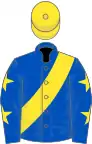 Royal blue, yellow sash, royal blue sleeves, yellow stars, yellow cap