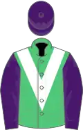 Emerald green, white chevron, purple sleeves and cap