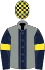 Grey, dark blue stripe, dark blue sleeves, yellow armlets, check cap