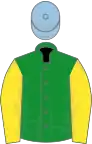 Green, yellow sleeves, light blue cap