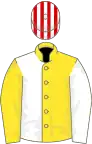 Yellow and White (halved), sleeves reversed, Red and White striped cap