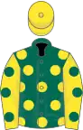 Dark green, yellow spots, yellow sleeves, dark green spots, yellow cap