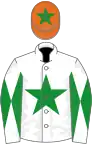 White, green star, diabolo on sleeves, orange cap, green star