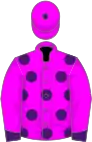 Fuchsia, purple spots on body, purple cuffs and bobble on cap