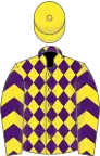 Yellow, purple diamonds, chevrons on sleeves, yellow cap