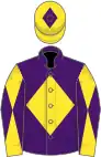 Purple, yellow diamond, yellow and purple diabolo on sleeves, yellow cap, purple diamond