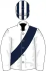 White, dark blue sash, striped cap