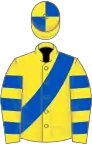 Yellow, royal blue sash, yellow and royal blue hooped sleeves, quartered cap