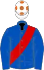 Royal blue, red sash, white cap, orange spots