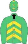 Emerald green, yellow chevrons on body, green cap, yellow stars